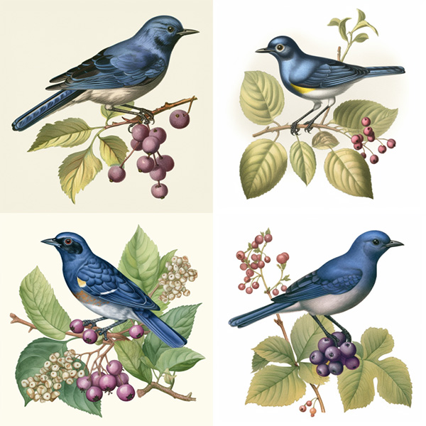 中途生成的蓝莓鸟图像