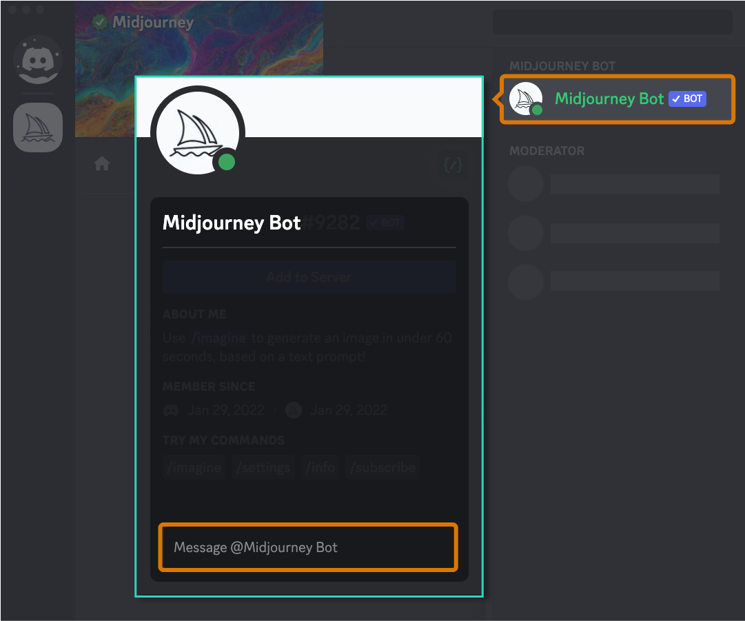 discord 界面的图像突出显示了如何直接向 Midjourney 机器人发送消息