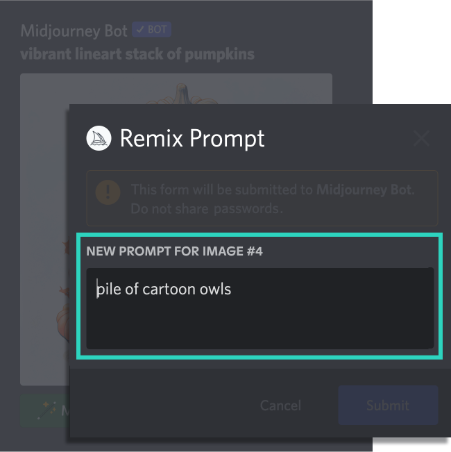 图像显示了 midjourney remix 功能和 remix 提示对话框。