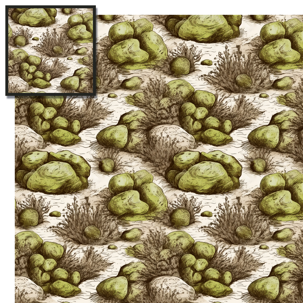 使用模型版本 5 的 midjourney 瓦片参数创建的图案图像和瓦片重复的示例以及岩石上苔藓的提示笔墨涂鸦