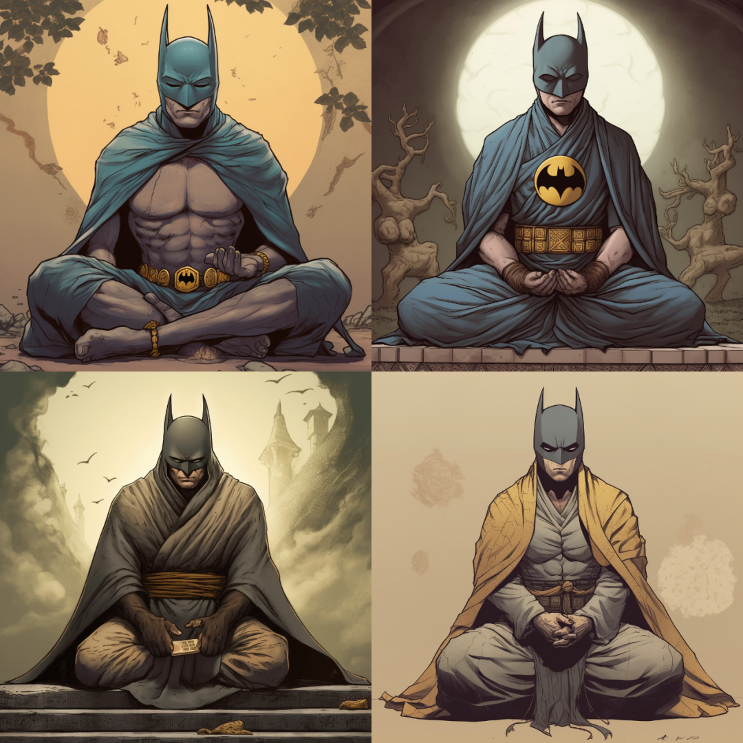今日份midjourney画图练习：我最喜欢那张禅修的蝙蝠侠