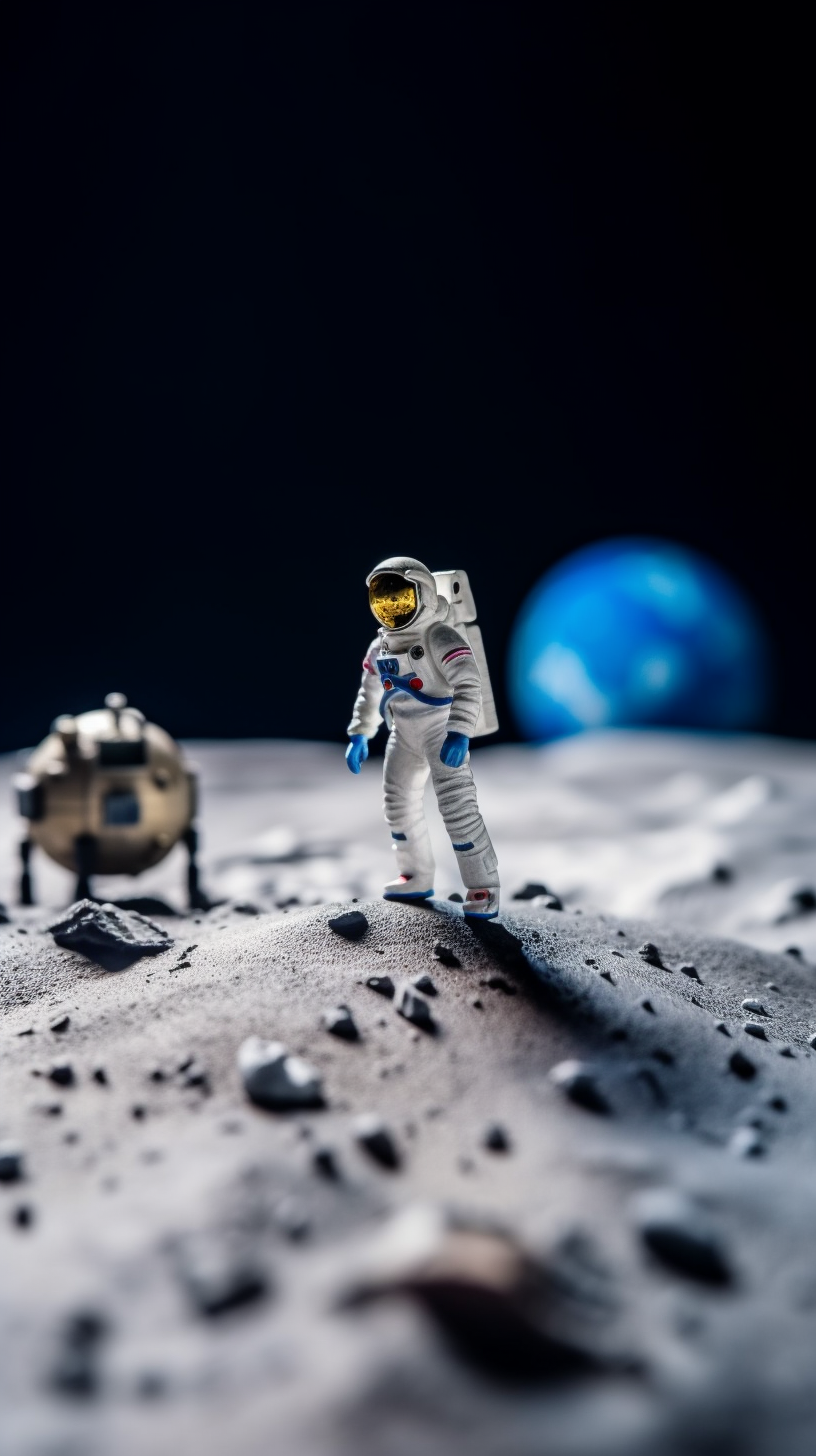 一名宇航员在月球表面行走，背景是一个行星，采用微缩景观风格